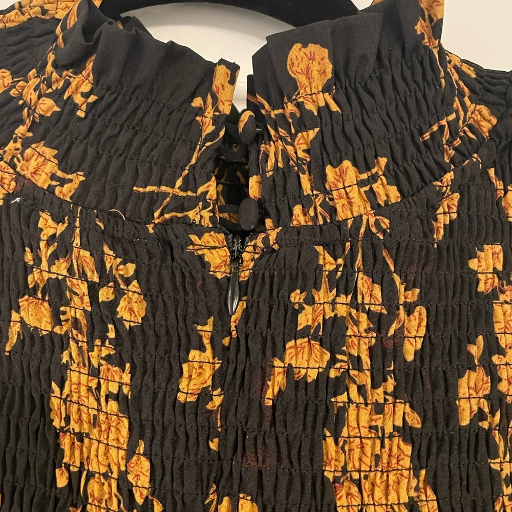 THML Floral Black and Mustard Smocked Mock Neck Women's Blouse, Medium - Picture 5 of 7